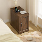End Tables Set of 2 with Charging Station,Narrow Side Table with Storage for Sofa Couch or Bed Side, Farmhouse Nightstand with Wood Door for Bedroom Living Room(Walnut)