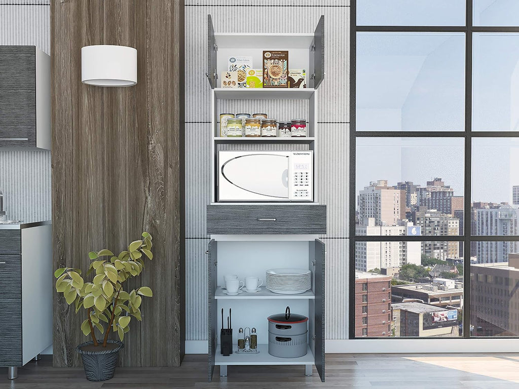 2-Shelf 1-Drawer Microwave Pantry Cabinet Smokey Oak and White,Buffet Kitchen Sideboard,for Kitchen,Dining Room,24.4 * 16.1 * 79.2
