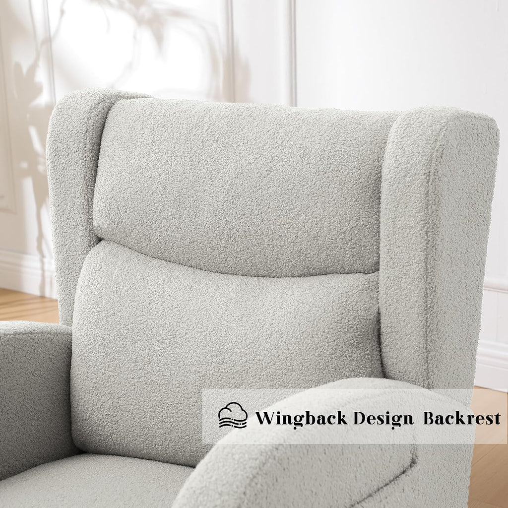 Nursery Rocking Chairs,Upholstered Rocking Chair Nursery for Mom Rocker with High Backrest and Solid Wood Legs,Modern Indoor Rocking Chair for Living Room Bedroom Adults (Teddy Light Grey)