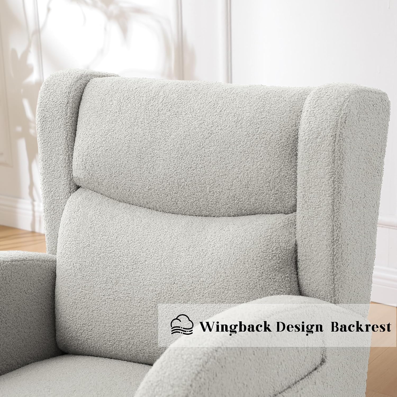 Nursery Rocking Chairs,Upholstered Rocking Chair Nursery for Mom Rocker with High Backrest and Solid Wood Legs,Modern Indoor Rocking Chair for Living Room Bedroom Adults (Teddy Light Grey)
