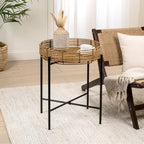 JONATHAN Y Malia 23" Round Faux Rattan Tray Top End Table, Bohemian Woven Accent Side Table with Black Metal Cross Base, Nightstand for Living Room and Bedroom, Brown and Black TBL2509B