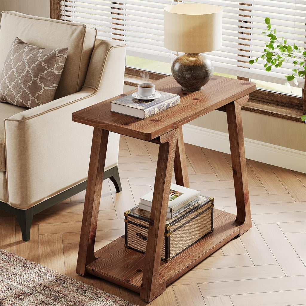 Solid Wood End Table for Living Room, 2-Tier Narrow Rustic Side Table, Rectangle Farmhouse Nightstand for Bedroom, Easy Assembly, Trapezoidal Base (1, Natural Brown)