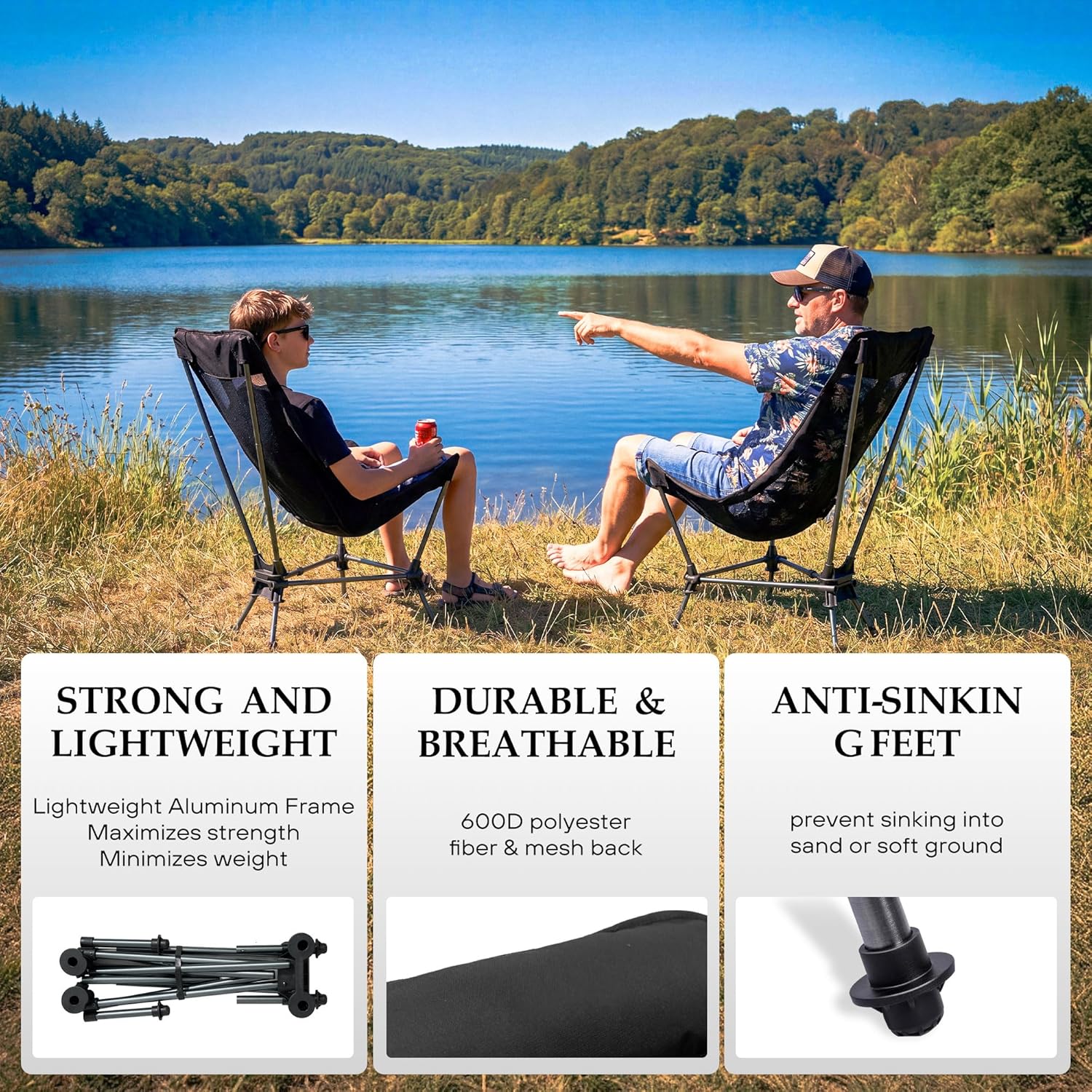 Hammock Camping Chair, Lightweight Folding Beach Lounge Chair with Adjustable Height Legs, Mesh Portable Swing Camp Chair with Cushioned Head Pillow & Armrests for Camping Beach Hiking