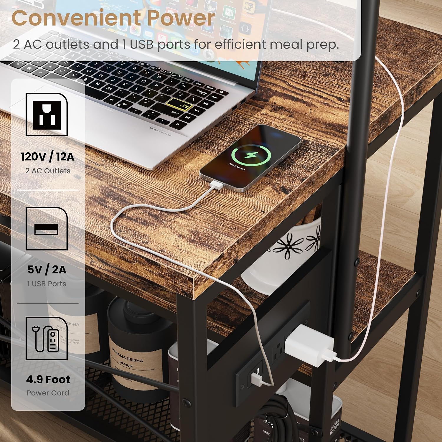 Garvee 3-Tier Small Kitchen Island with Power Outlet&2 Bar Stools, Vintage | Industrial Bakers Rack with 5 Hooks, adjustable Microwave Stand Coffee Bar Table for Dining Room, Living Room, Apartment