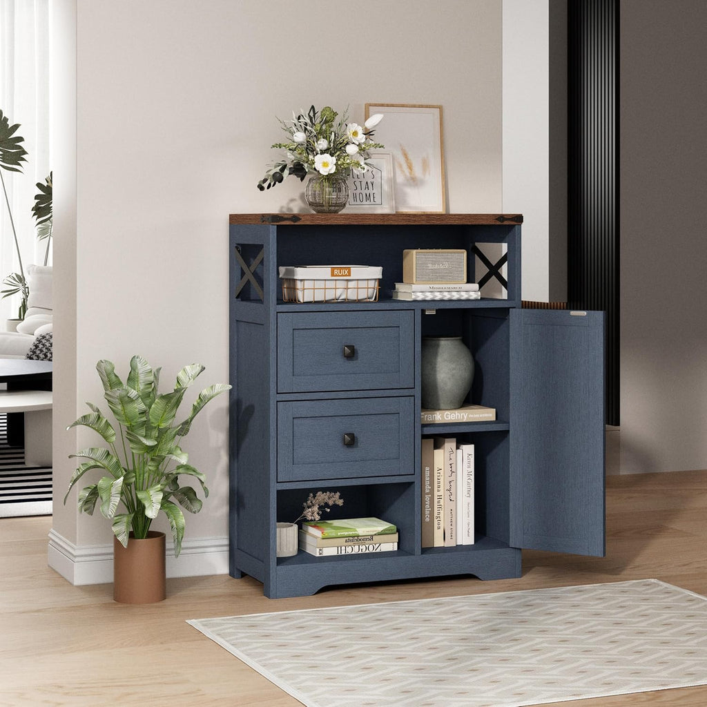 Fameill Farmhouse Storage Cabinet with 2 Drawers & Shelves, Freestanding Kitchen Cabinet with Doors, Floor Storage Organization for Living Room, Bathroom, Laundry, Blue, 27.5" L x 11.8" W x 37.5" H