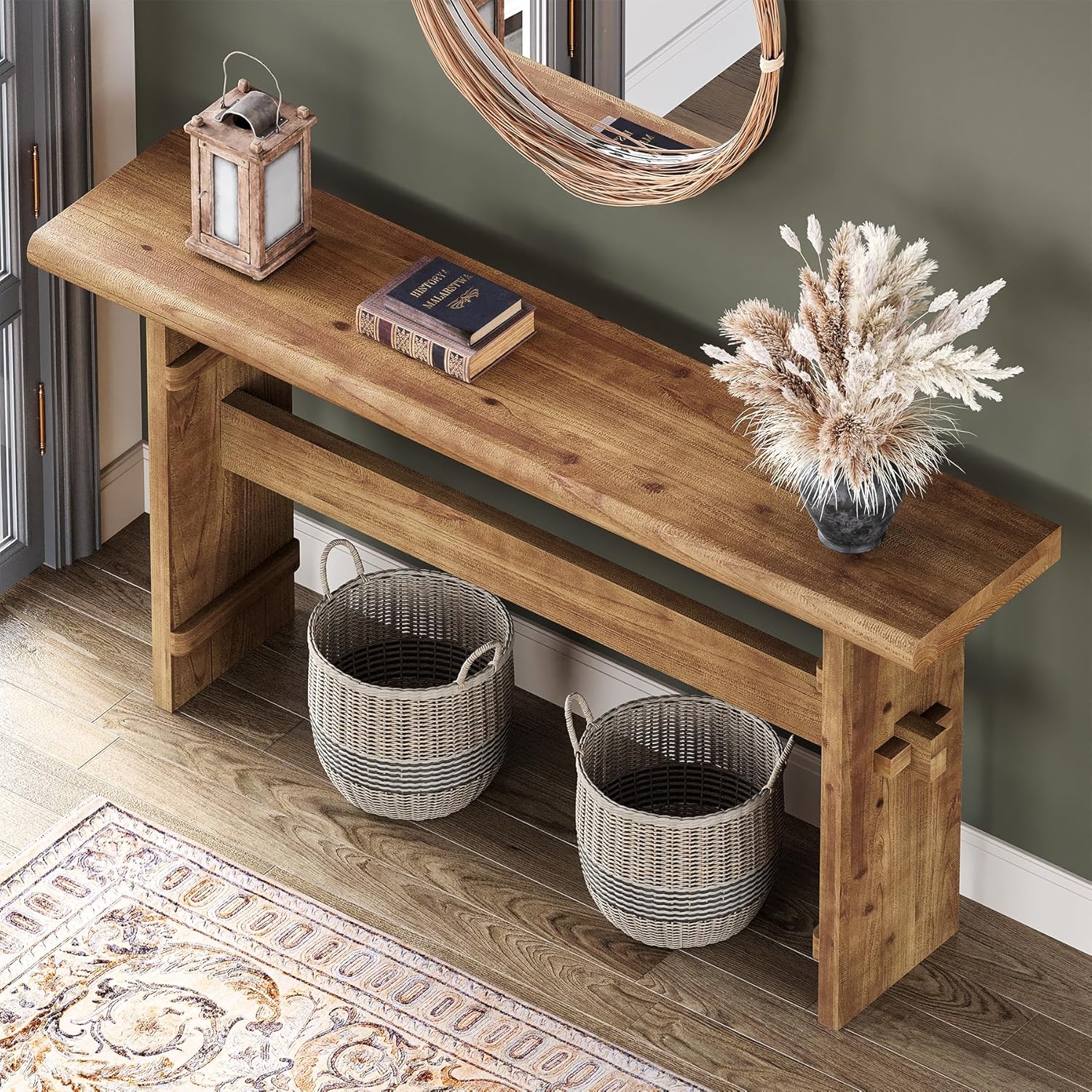 TRIBEWOOD 63-Inch Solid Wood Console Table for Entryway, Narrow Long Farmhouse Sofa Table Behind Couch, for Foyer, Hallway, Living Room, Easy Asswmbly, Brown