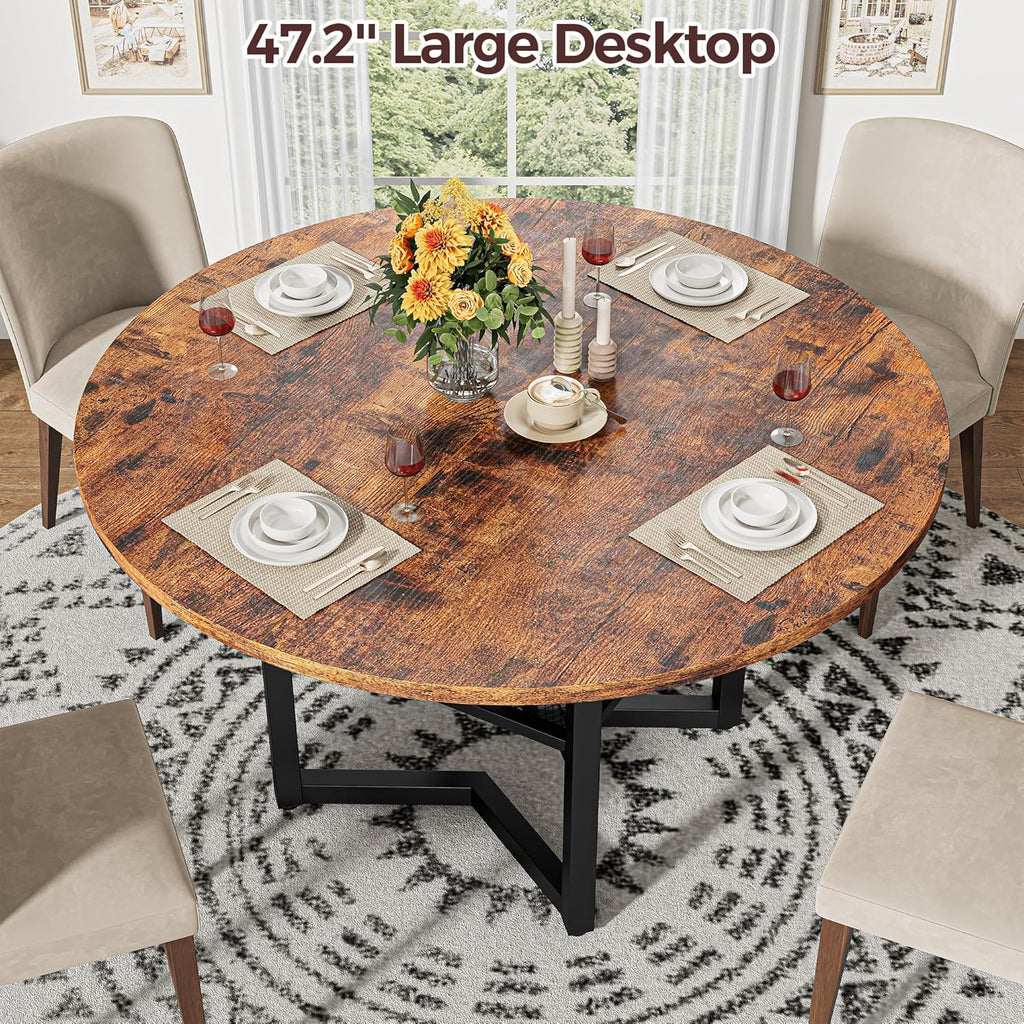 IRONCK Round Dining Table Set for 4, Dining Room Table Set with 4 Chairs, 47.2'' Dinner Table with Wooden Tabletop and Metal Base, 5-Piece Kitchen Table and Chairs, Rustic Brown