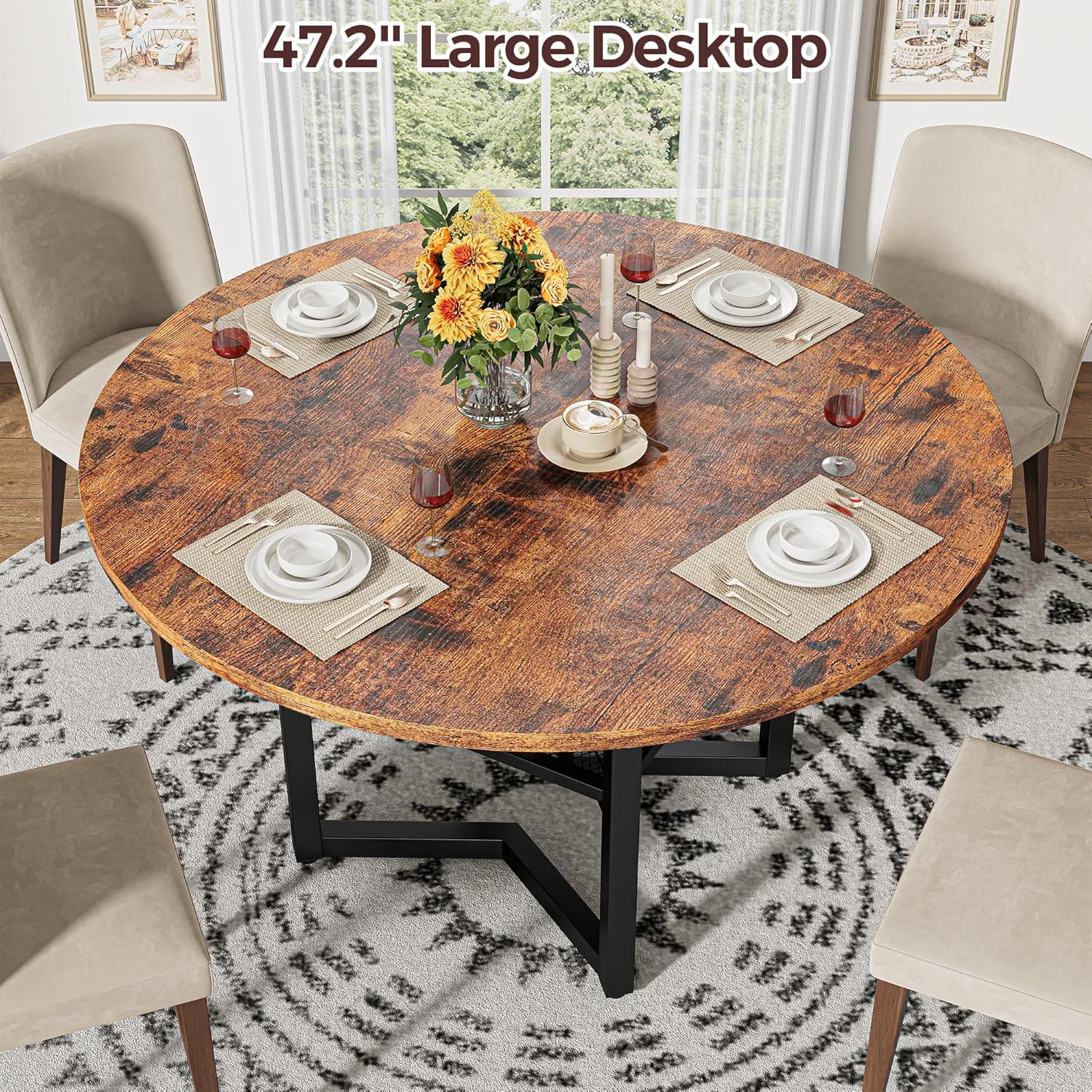 IRONCK Round Dining Table Set for 4, Dining Room Table Set with 4 Chairs, 47.2'' Dinner Table with Wooden Tabletop and Metal Base, 5-Piece Kitchen Table and Chairs, Rustic Brown