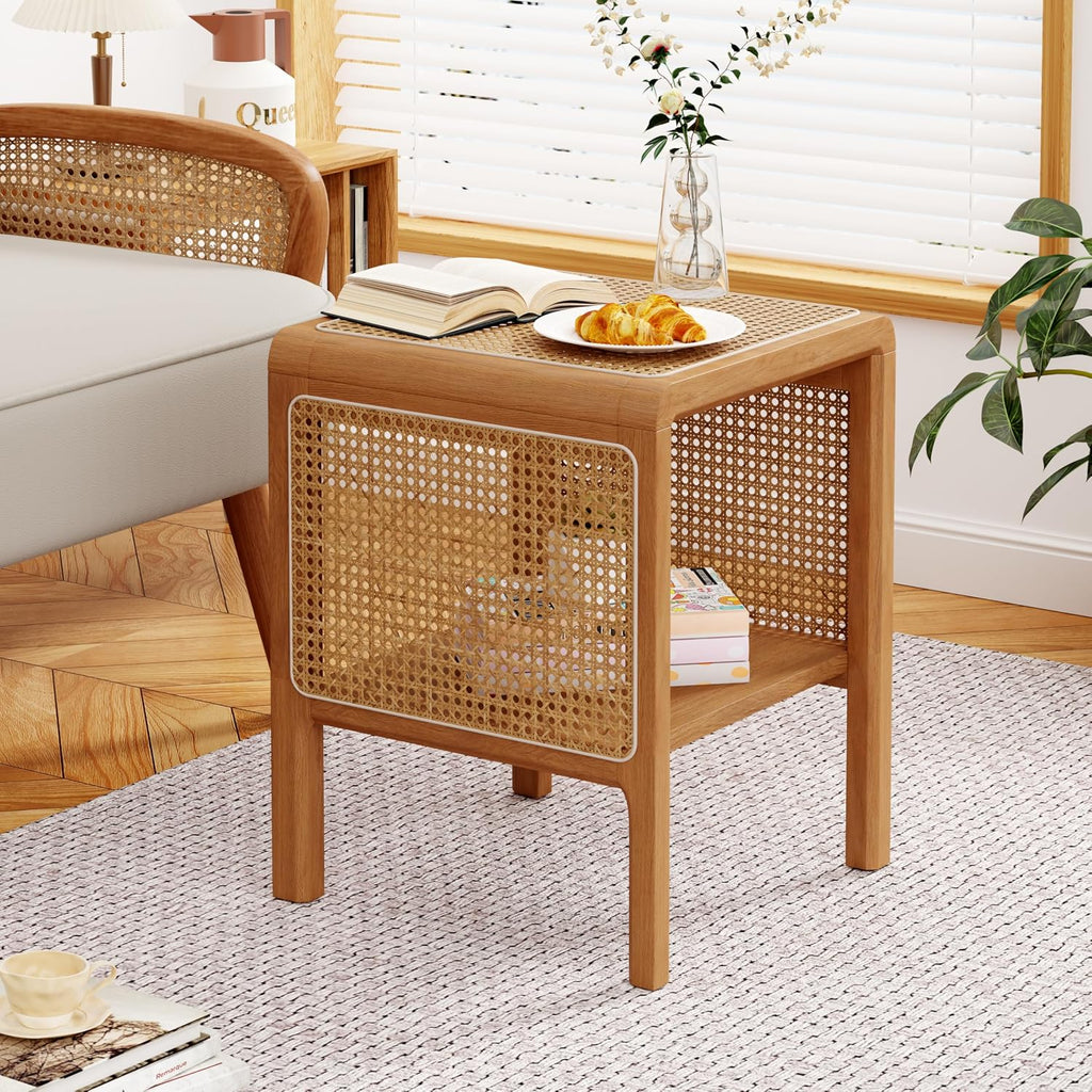 Aklaus Rattan Side Table Small End Table mid Century Living Room Wood Vintage Side Accent Table japandi Rattan Boho nightstand