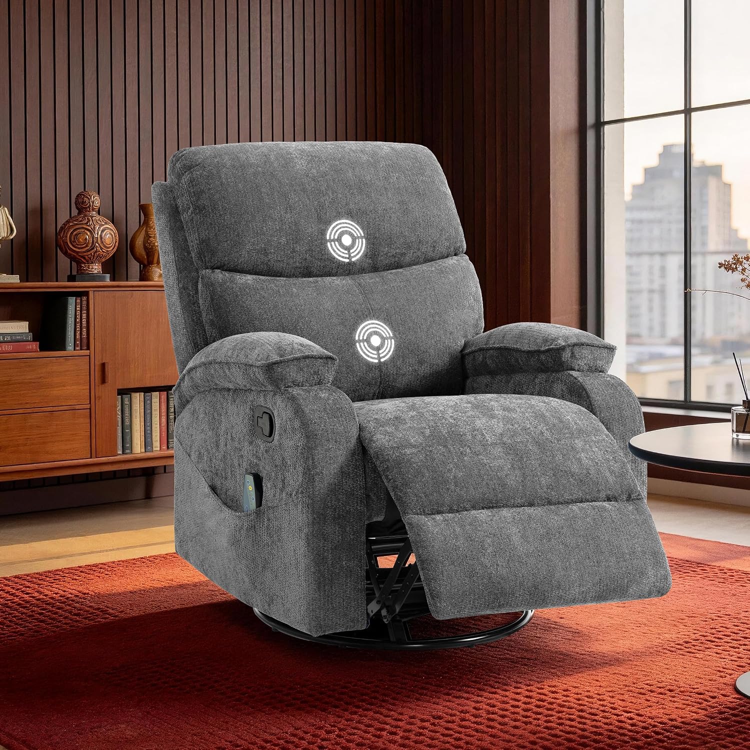 360° Swivel Rocking Recliner Chair, Massage Lazy Recliner, Small Spaces Recliner for Living Room, Bedroom and Nursery, Dark Gray Chenille