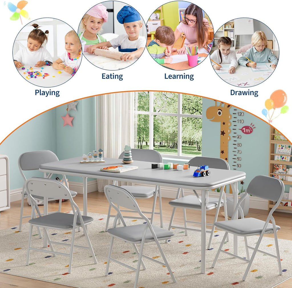 IDEALHOUSE 7 Piece Folding Kids Table and Chairs Set, Children Activity Table and Chairs Set for Dining Room,Daycare,Classrooms