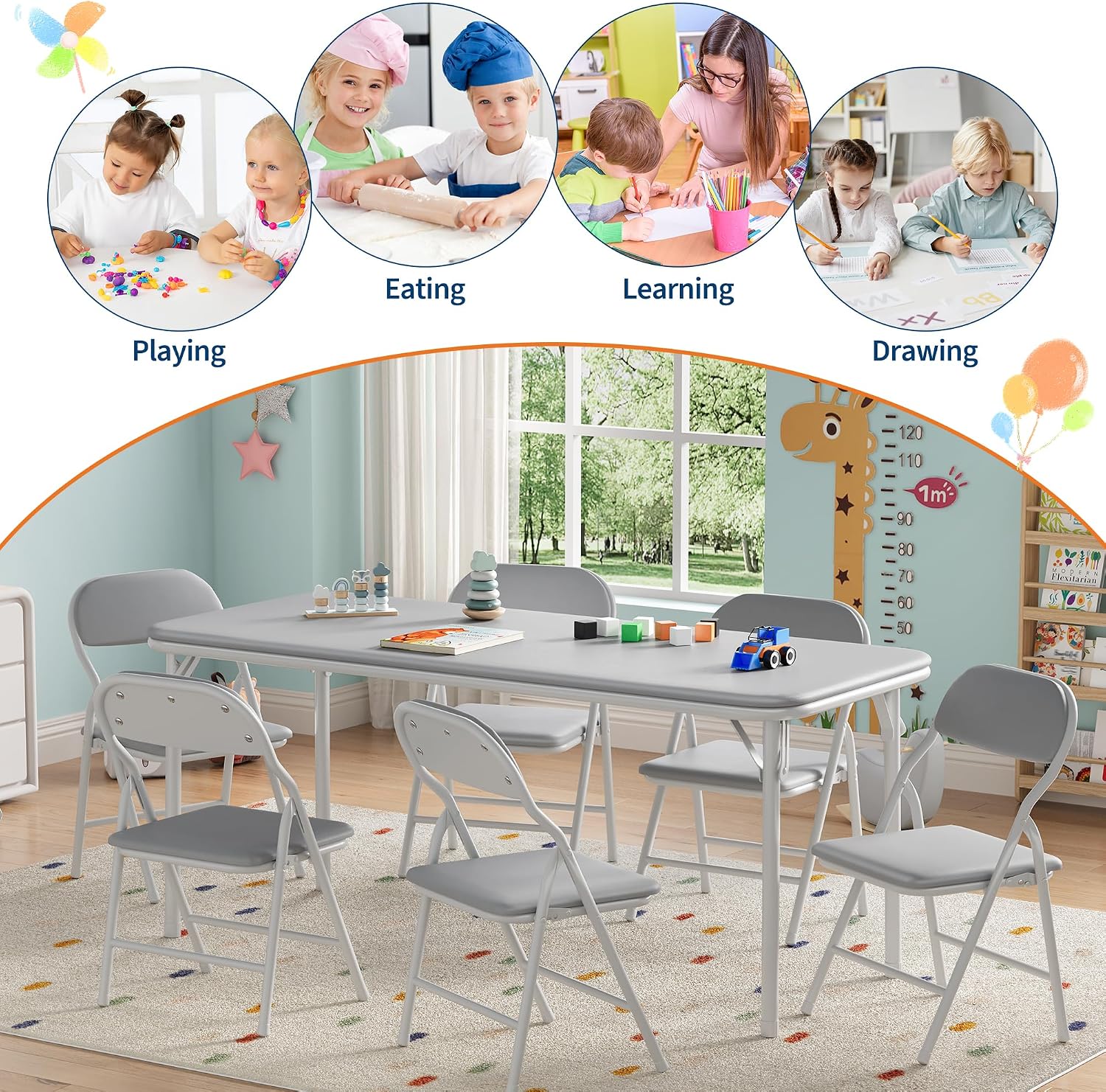 IDEALHOUSE 7 Piece Folding Kids Table and Chairs Set, Children Activity Table and Chairs Set for Dining Room,Daycare,Classrooms