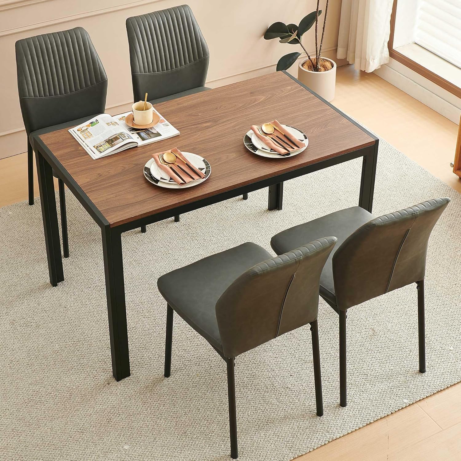 Dining Room Chairs Set of 4, PU Leather Seats with Black Metal Legs, Waterproof Chairs Set of 4 for Kitchen & Dining Room, 15-Min Assembly - Dark Grey