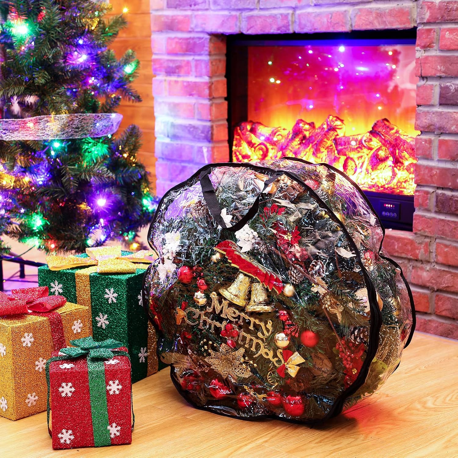 Zhengmy 4 Pack 30" 24" Wreath Storage Container Clear Christmas Wreath Storage Bags with Handle and Dual Zipper Plastic Decorative Garland Protector for Xmas Seasonal Holiday(Black)