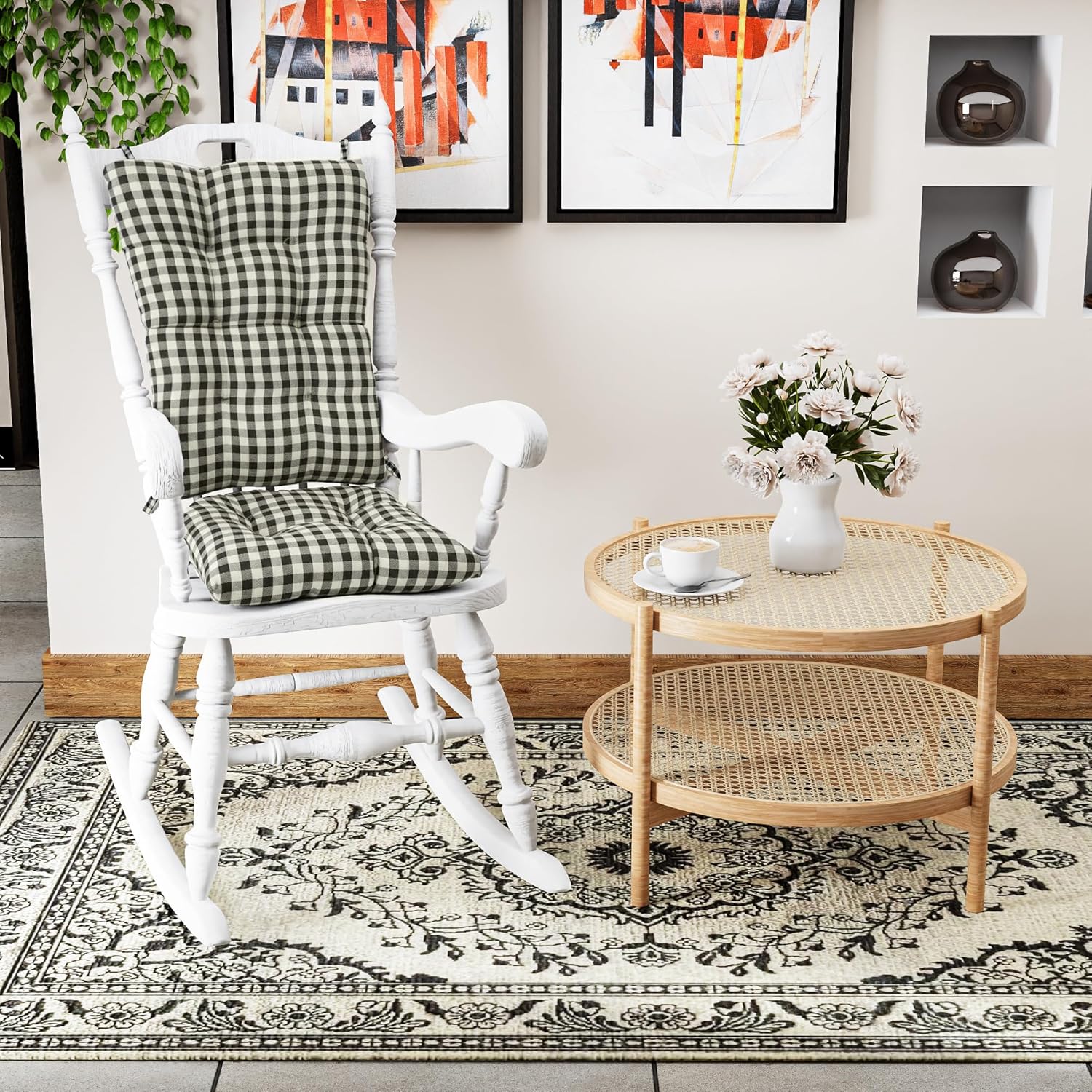 Klear Vu The Gripper Non-Slip Rocking Chair Cushion Set with Thick Padding, Includes Seat Pad & Back Pillow with Ties for Indoor Living Room Rocker, 17x17 Inches, 2 Piece Set, Gingham Black