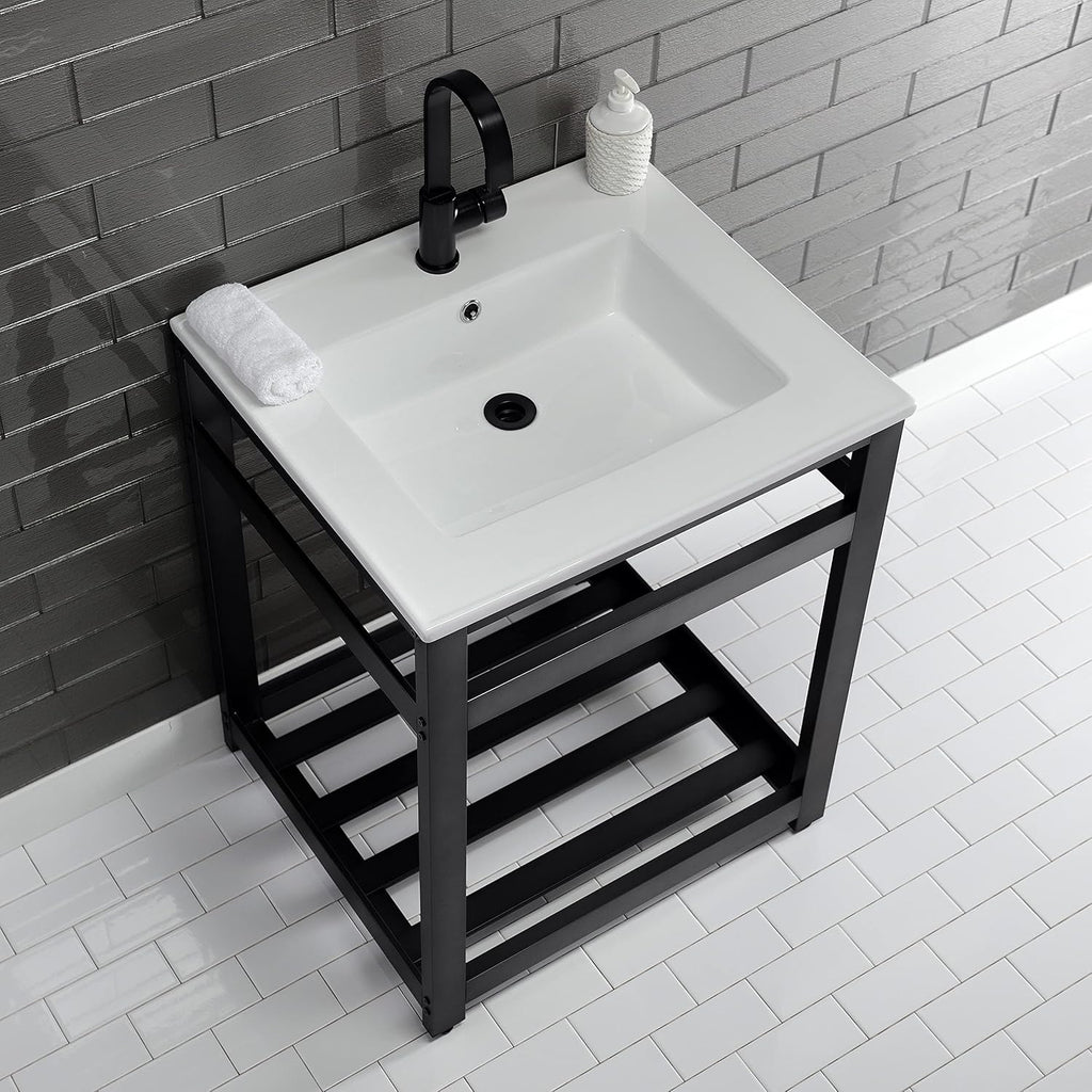 Kingston Brass VWP2522A0 Quadras 25-Inch Ceramic Console Sink (1-Hole), White/Matte Black