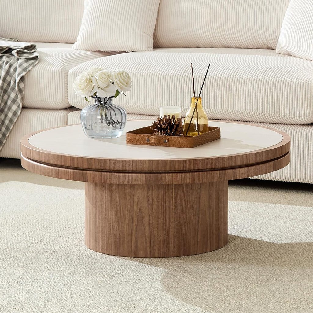 35.43 Inch Round Sintered Stone Side Table, No Assembly MDF Coffee Table with Walnut Finish, Modern Small Accent End Table for Living Room Bedroom Office Apartment Compact Space (35.43''+Walnut)