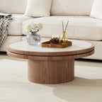 35.43 Inch Round Sintered Stone Side Table, No Assembly MDF Coffee Table with Walnut Finish, Modern Small Accent End Table for Living Room Bedroom Office Apartment Compact Space (35.43''+Walnut)