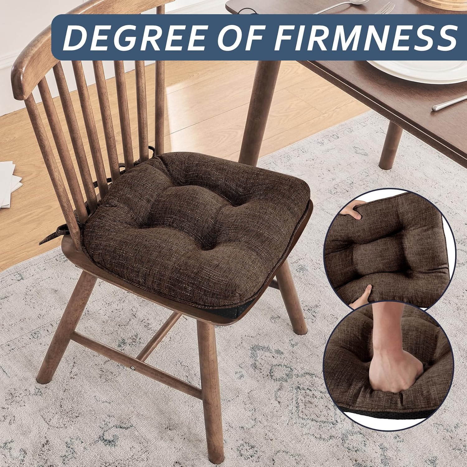 Basic Beyond Chair Cushions for Dining Chairs 6 Pack, Kitchen Chair Cushion with Ties and Non Slip Backing, 15.5 x 15.5 inches Tufted Chair Pads for Dining Chairs, Brown