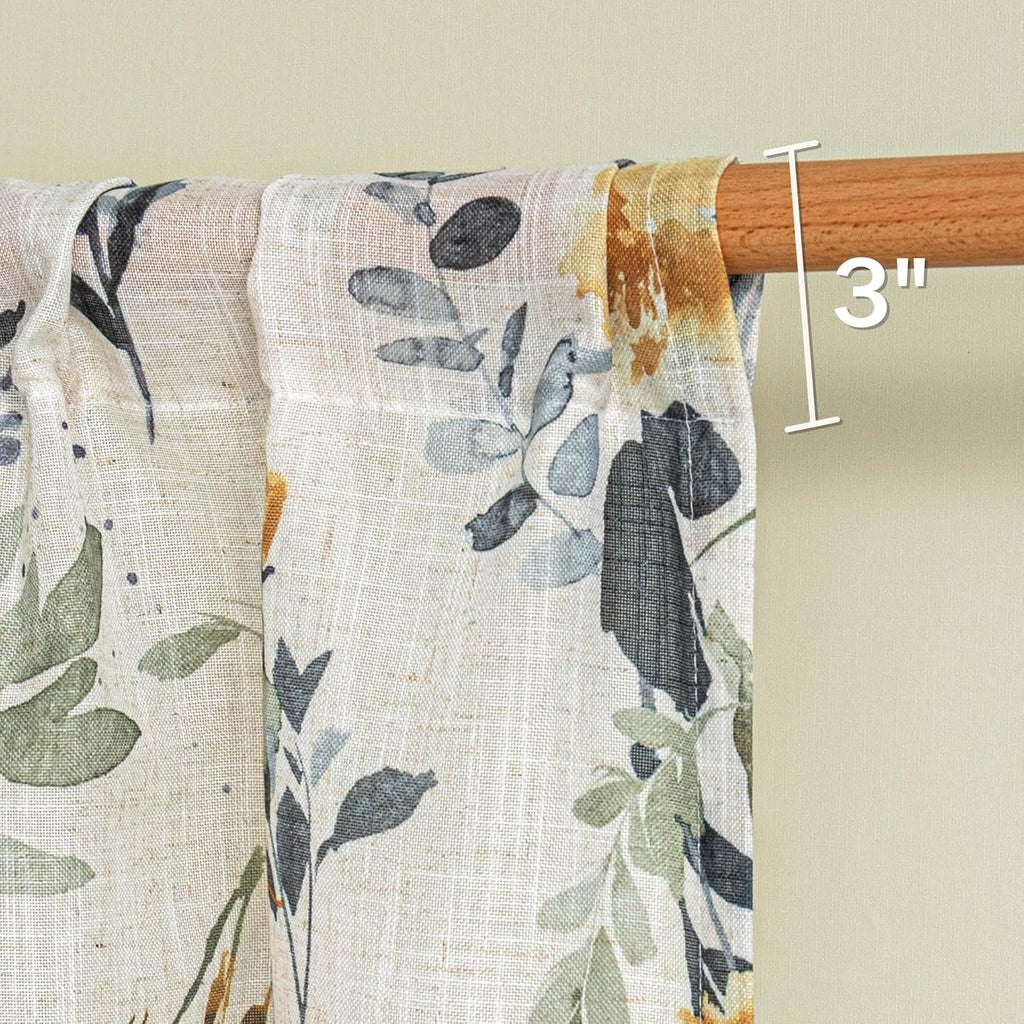 MYSKY HOME Floral Kitchen Curtains 24 Inch Length Linen Tier Curtains Farmhouse Blue Flower Patterned Small Window Treatments Airy Light Filtering Rod Pocket for Bathroom 2 Panels, Each 26" W