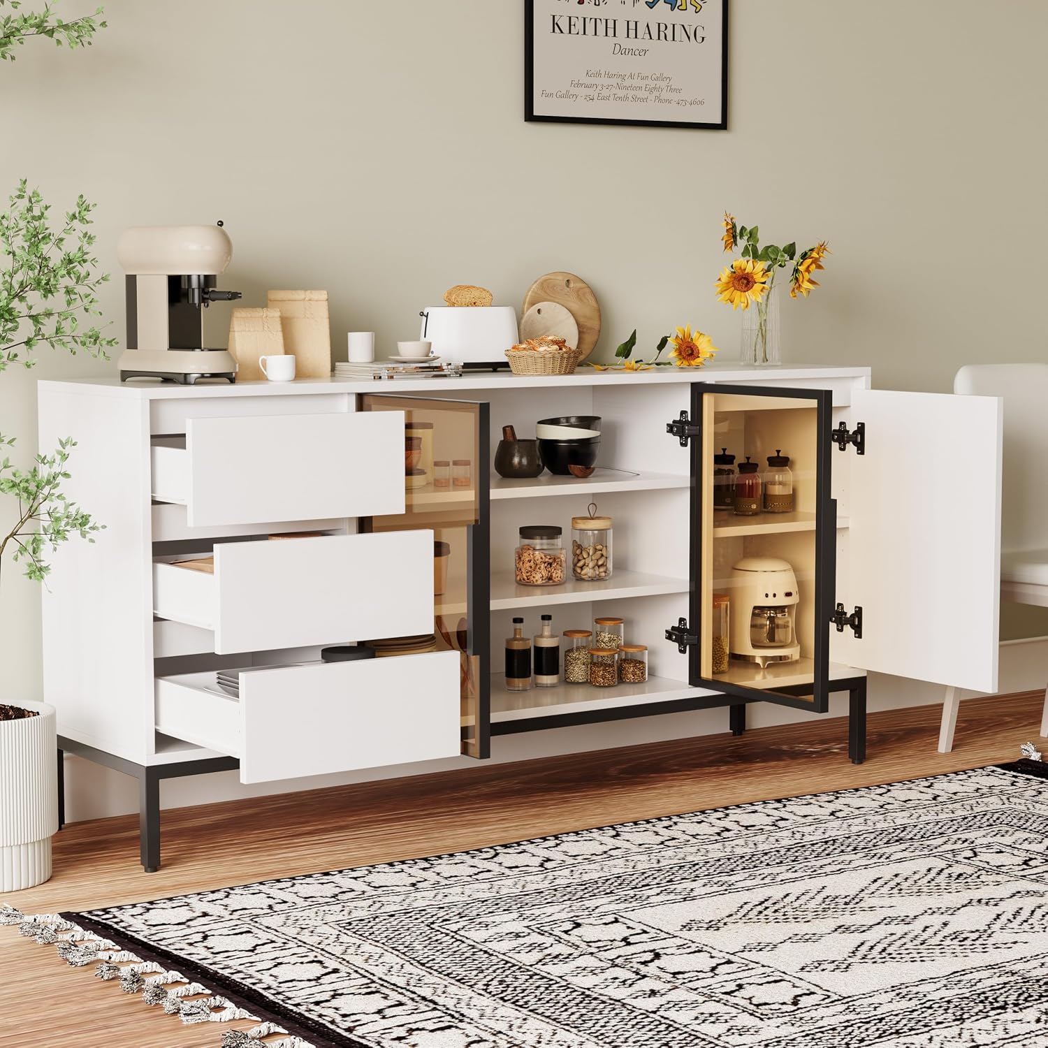 Freestanding Storage Cabinet with 3 Dawers, 3 Shelves, Single Door & French Door, Rectangular Wood Kitchen Pantry, Modern Minimalist, for Living Room, Dining Room, White