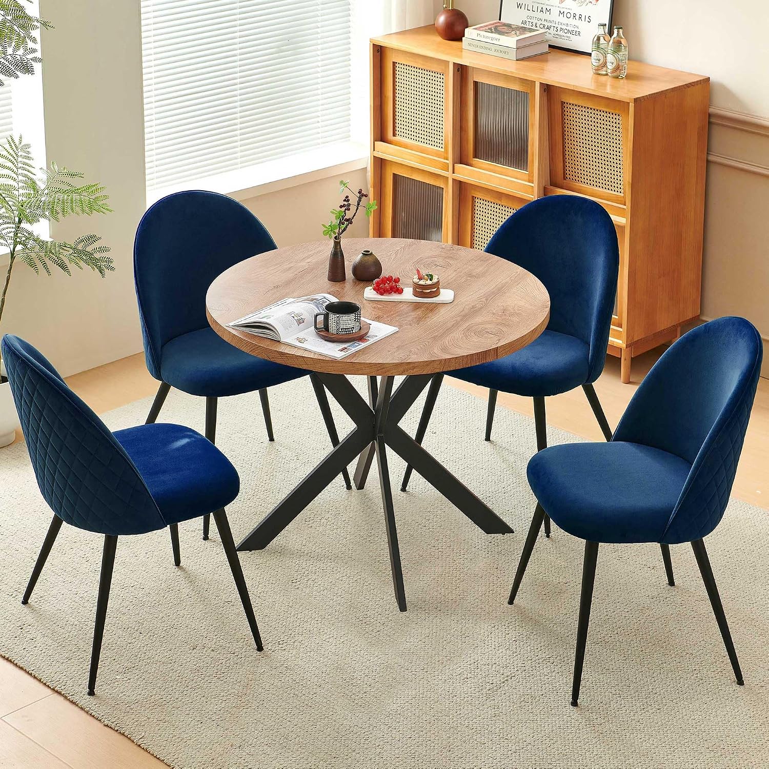 Homedot 5-Piece Kitchen Dining Table Set for 4 with Navy Blue Chairs Upholstered, Modern Round Dining Reception Table Set, Space-Saving Dinette Table Set for Apartment, Dining Room