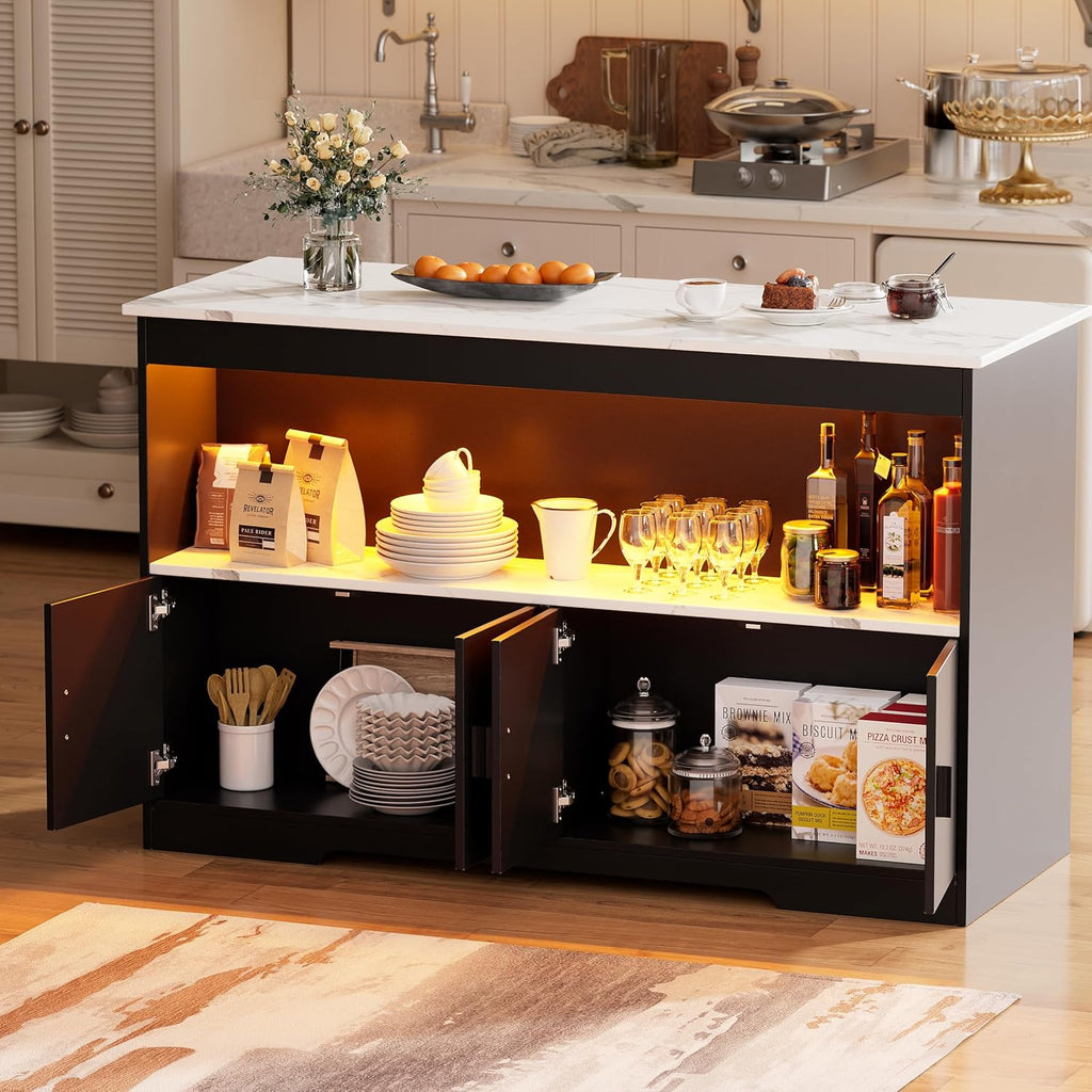 PAKASEPT 43'' Modern Kitchen Island with Storage,Imitation Marble Island Table with LED Lights & Cabinet for Kitchen, Dining Table for 4,Dining Room,Living Room,Home Bar,Black