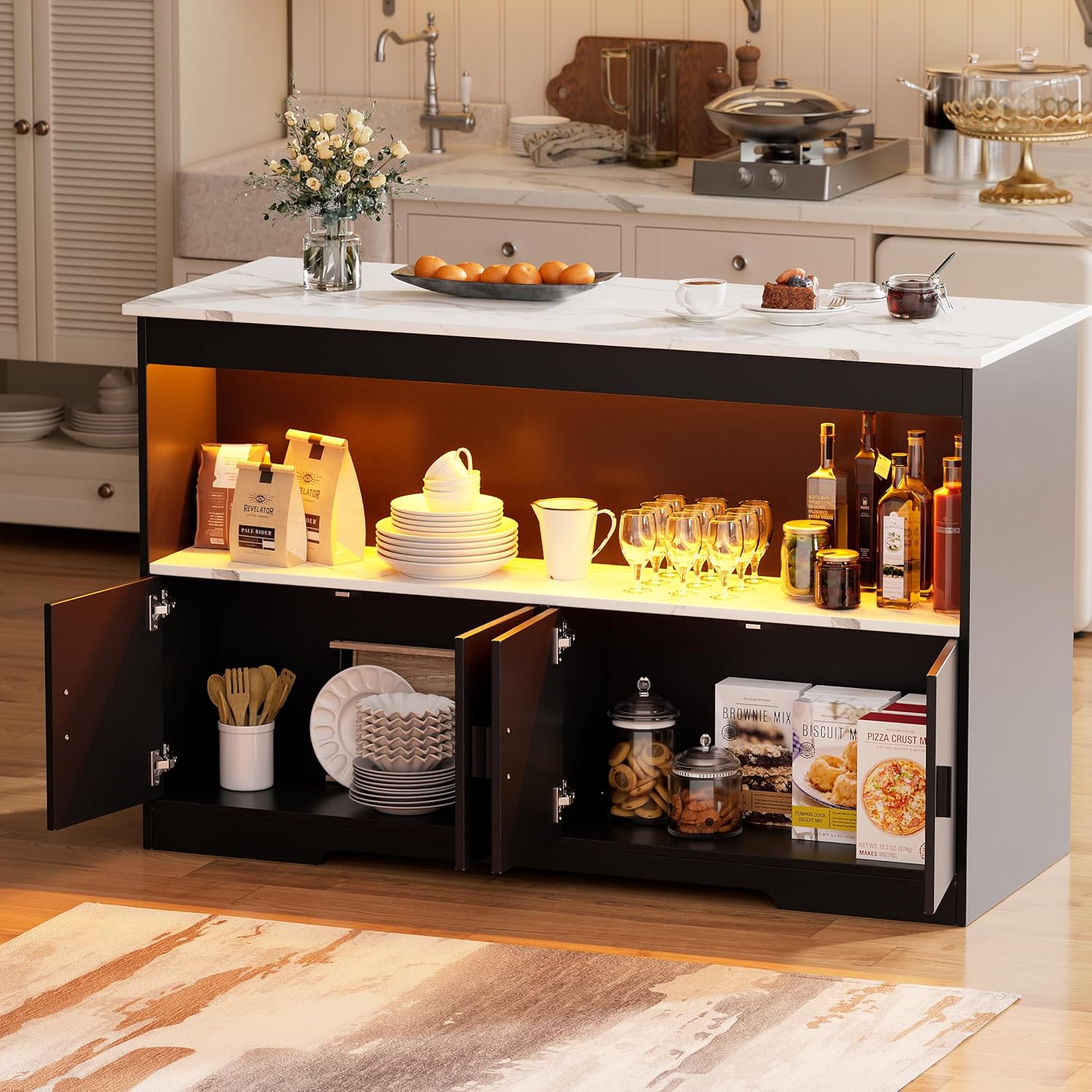PAKASEPT 43'' Modern Kitchen Island with Storage,Imitation Marble Island Table with LED Lights & Cabinet for Kitchen, Dining Table for 4,Dining Room,Living Room,Home Bar,Black