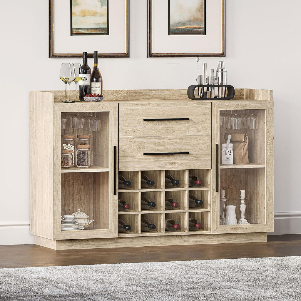 BELLEZE 55" Wine Cabinet, Sideboard Buffet with Wine Rack and Glass Holder, Home Coffee Bar Freestanding Liquor Cabinet with Display Glass Doors for Living Room, Dining Room - Marcel (White Lotus)
