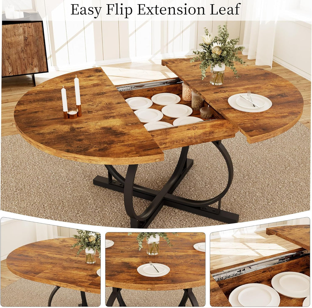 HIPIHOM Extendable Round Dining Table Set for 4 People, 43.3"-59" Extendable Kitchen Table with 4 Upholstered Chairs, Space Saving for Kitchen Dining Room (Vintage Brown Table+4 Grey Chairs)