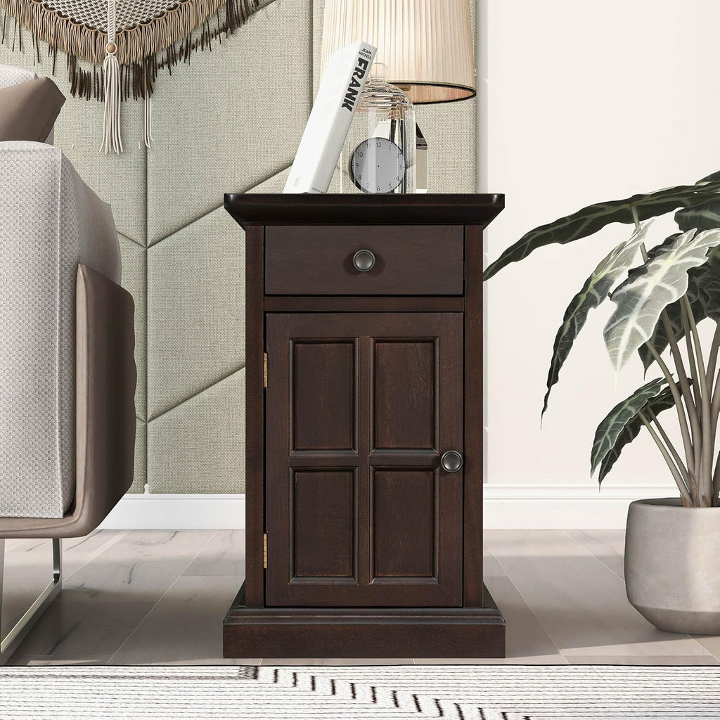 Traditional Wood End Table with Charging Station, Modern Vintage Sofa Chair Side Table Nightstand with Storage & Drawer for Living Room Bedroom, No Assembly, Antique Espresso