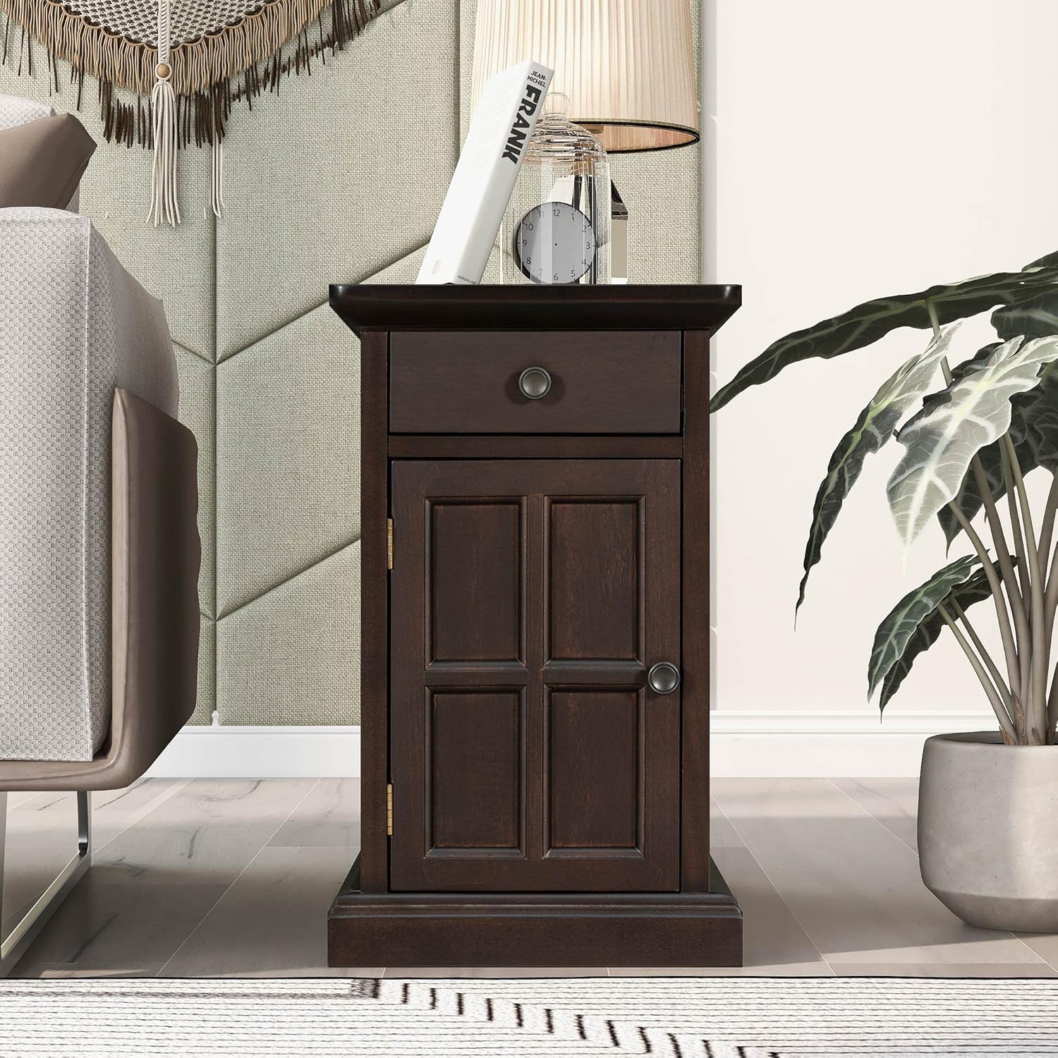 Traditional Wood End Table with Charging Station, Modern Vintage Sofa Chair Side Table Nightstand with Storage & Drawer for Living Room Bedroom, No Assembly, Antique Espresso