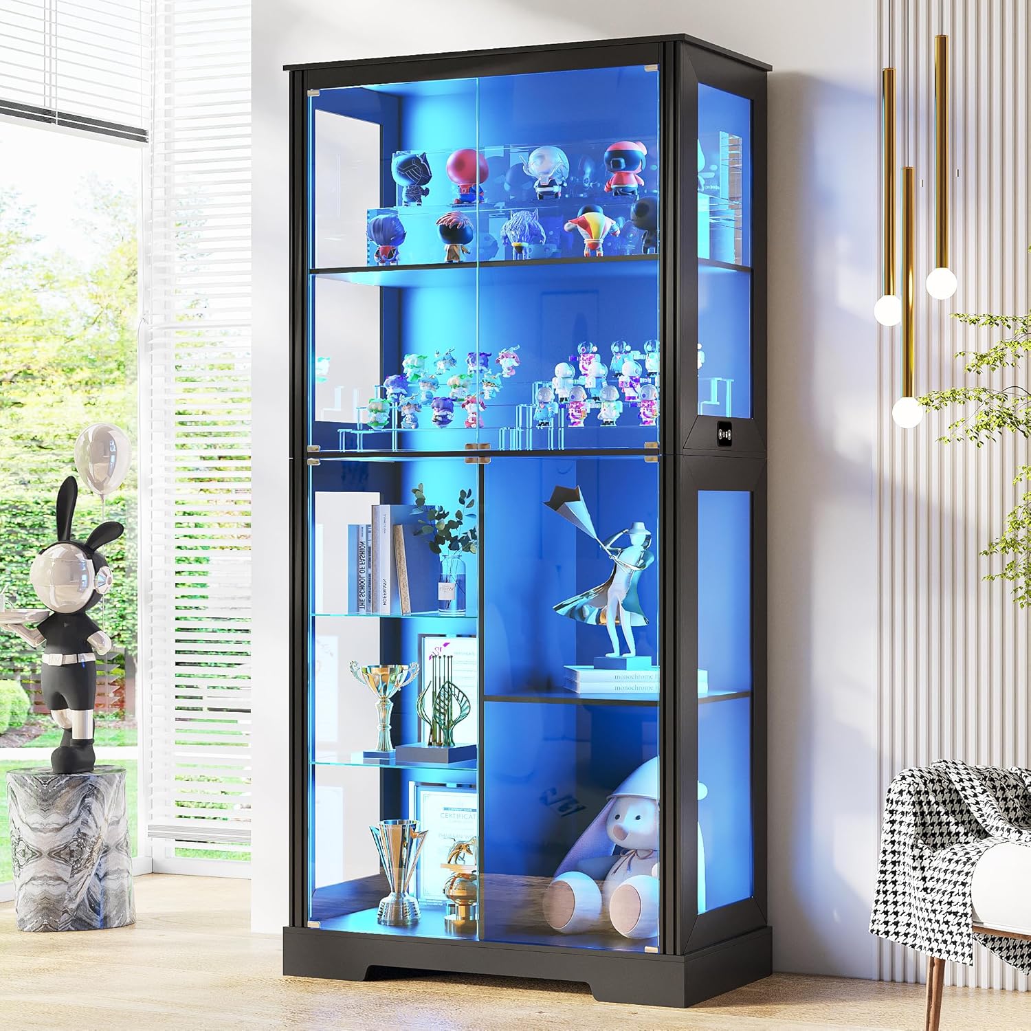 71” Display Cabinet with Glass Doors, Modern Curio Cabinet with 3 Color Lights, 7-Tiers Glass Display Cases for Collectibles, Tall Lego Storage Cabinet with Human Body Sensor, Gift for Father (Black)