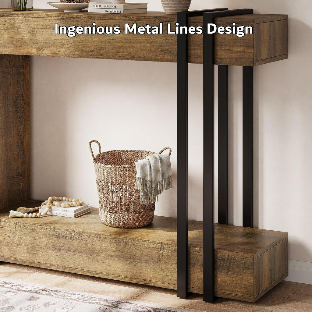 iPormis 42.5-Inch Console Table for Entryway, 2-Tier Sofa Table Behind Couch, Wood Entry Table with Storage & Metal Lines Base for Living Room, Hallway, Foyer, Rustic Brown