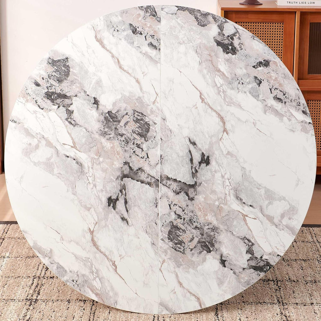 Dining Table Set for 4, Mid Century Modern 47 Inch White Marble-Look Wooden Round Dining Table Set, Space Saving (Table + 4 White Chairs)