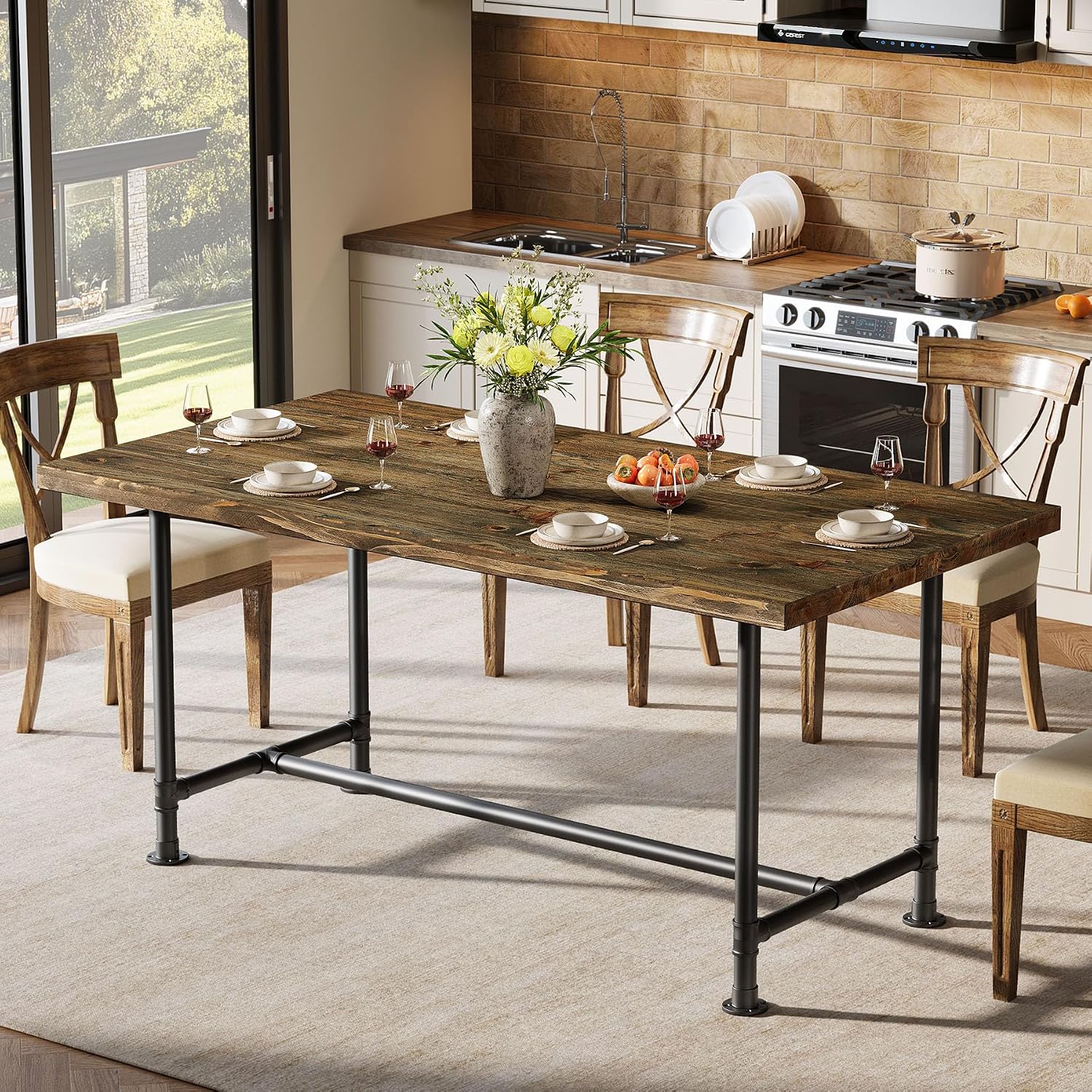 63-Inch Solid Wood Dining Table for 4-6, Industrial Large Kitchen Table with Metal Footrest, Rectangular Wooden Dinner Tables with Sturdy Metal Frame for Dining Room, Rustic Brown