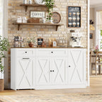 HOSTACK Multifunctional Storage Cabinet - 59" Buffet Cabinet with Charging Station, Large Kitchen Buffet Sideboard with Rolling Cart, Farmhouse Coffee Bar Cabinet with Drawers for Kitchen, White