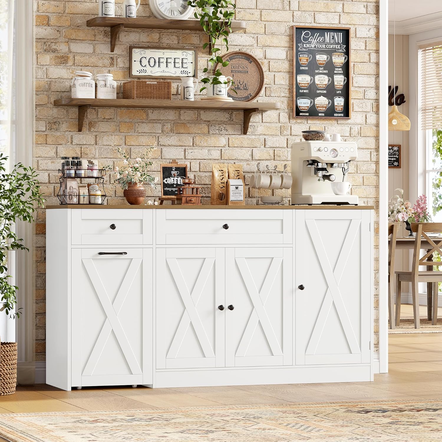 HOSTACK Multifunctional Storage Cabinet - 59" Buffet Cabinet with Charging Station, Large Kitchen Buffet Sideboard with Rolling Cart, Farmhouse Coffee Bar Cabinet with Drawers for Kitchen, White