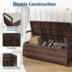 IDEALHOUSE Outdoor Storage Bench with Cushion, PE Rattan Patio Bench with Backrest, Armrests and Metal Frame, Waterproof Deck Box Seat for Porch, Backyard & Poolside, Dark Brown