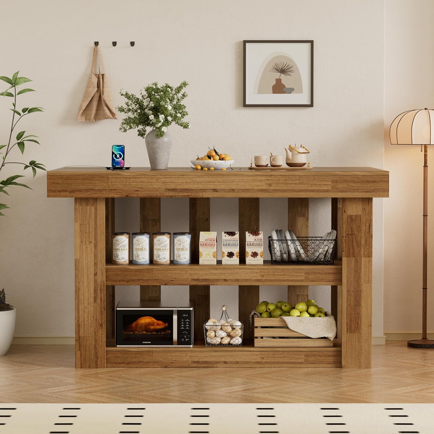 PAKASEPT 55" Kitchen Island with Storage, 3-Tier Farmhouse Wood Island Table with Power Outlets,Shelves for Kitchen, Dining Table for 4,Dining Room,Living Room,Home Bar,Brown