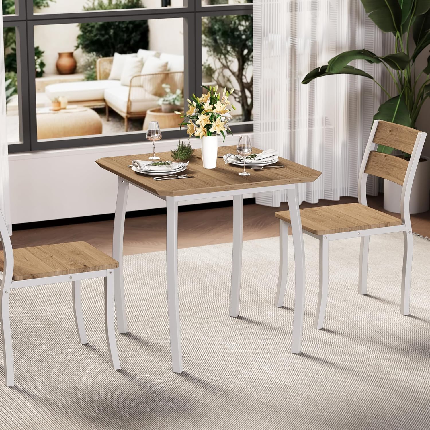Garvee 3 Piece Dining Table Set for 2, Farmhouse Kitchen Table and Chair, Metal Frame Square Dining Room Table Set for Small Space, Apartment, Studio, White & Natural