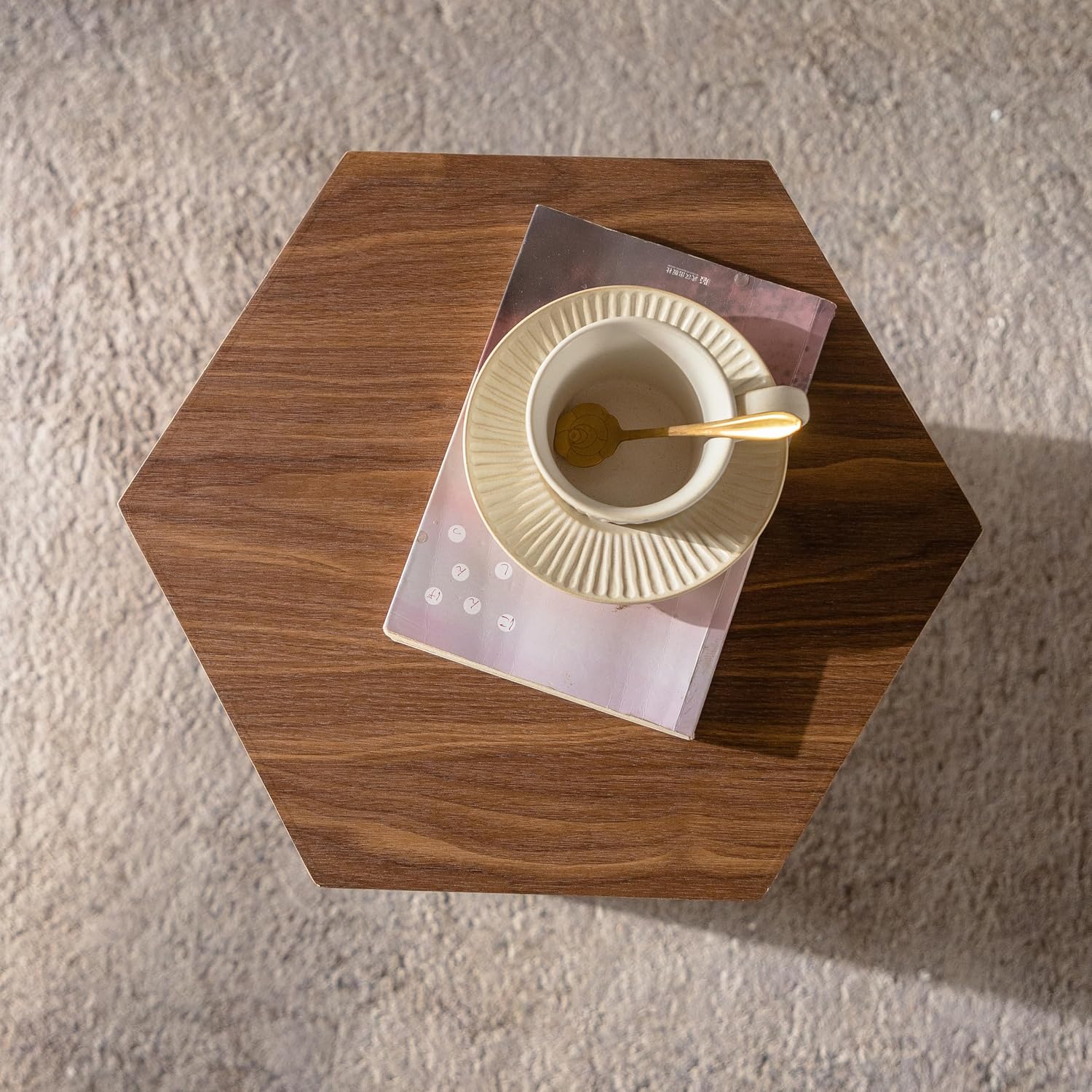 15.75'' Hexagon Side Table End Table for Living Room, Wood Grain, No Assembly, Walnut