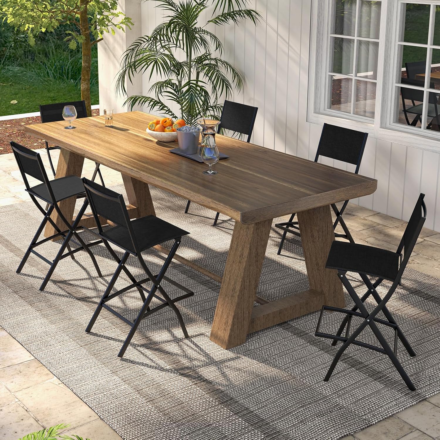 Tangkula Outdoor Barstools Set of 2, Counter Height Folding Bar Chairs with Back and Footrest, Versatile Patio Dining Chairs with Breathable Fabric & Heavy-Duty Metal Frame (2, Black)