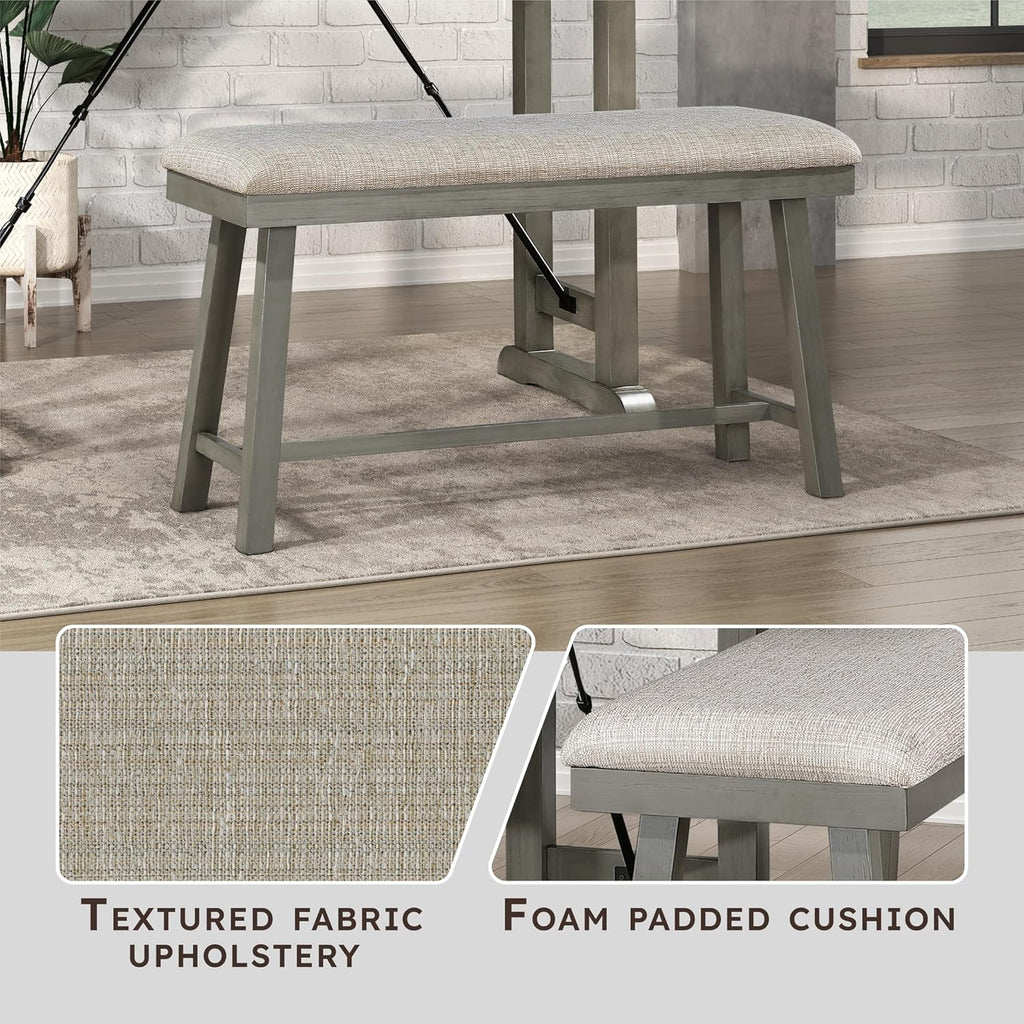 Lexicon Counter Height Bench for Dining Room Table, 41.5" Wood Bench with Grey Padded Seat for Home and Kitchen, Indoor Wooden Bench for Dining Room, Kitchen Bench, Dining Bench, Easy Assembly, Grey