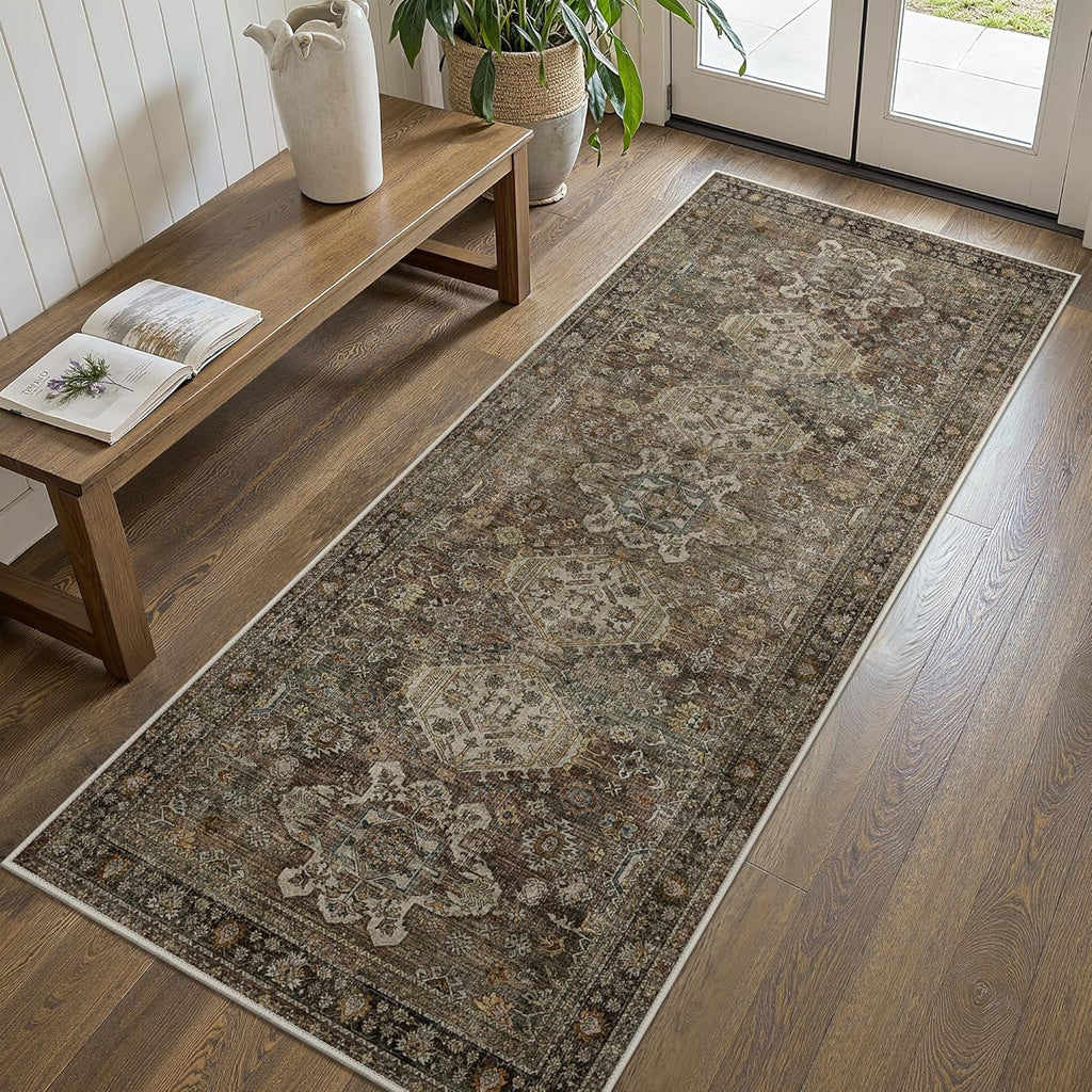 Bavni 2x5 Runner Rug, Non Slip Washable Runner Rug, Vintage Brown Hallway Rug Runner, Ultra Thin Low Pile Carpet Runner for Kitchen Bathroom Entryway Bedroom, Brown