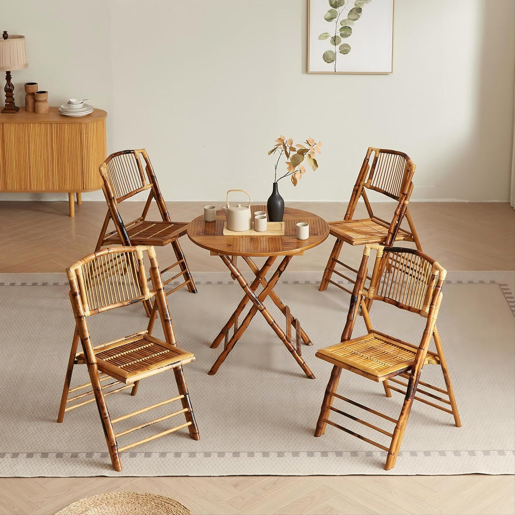 Vintage Bamboo Rattan Folding Dinging Chair - Portable Lightweight Retro Seat for Indoor, Outdoor, Patio, Wedding, Office, and Events (1, Brown, Oversized)