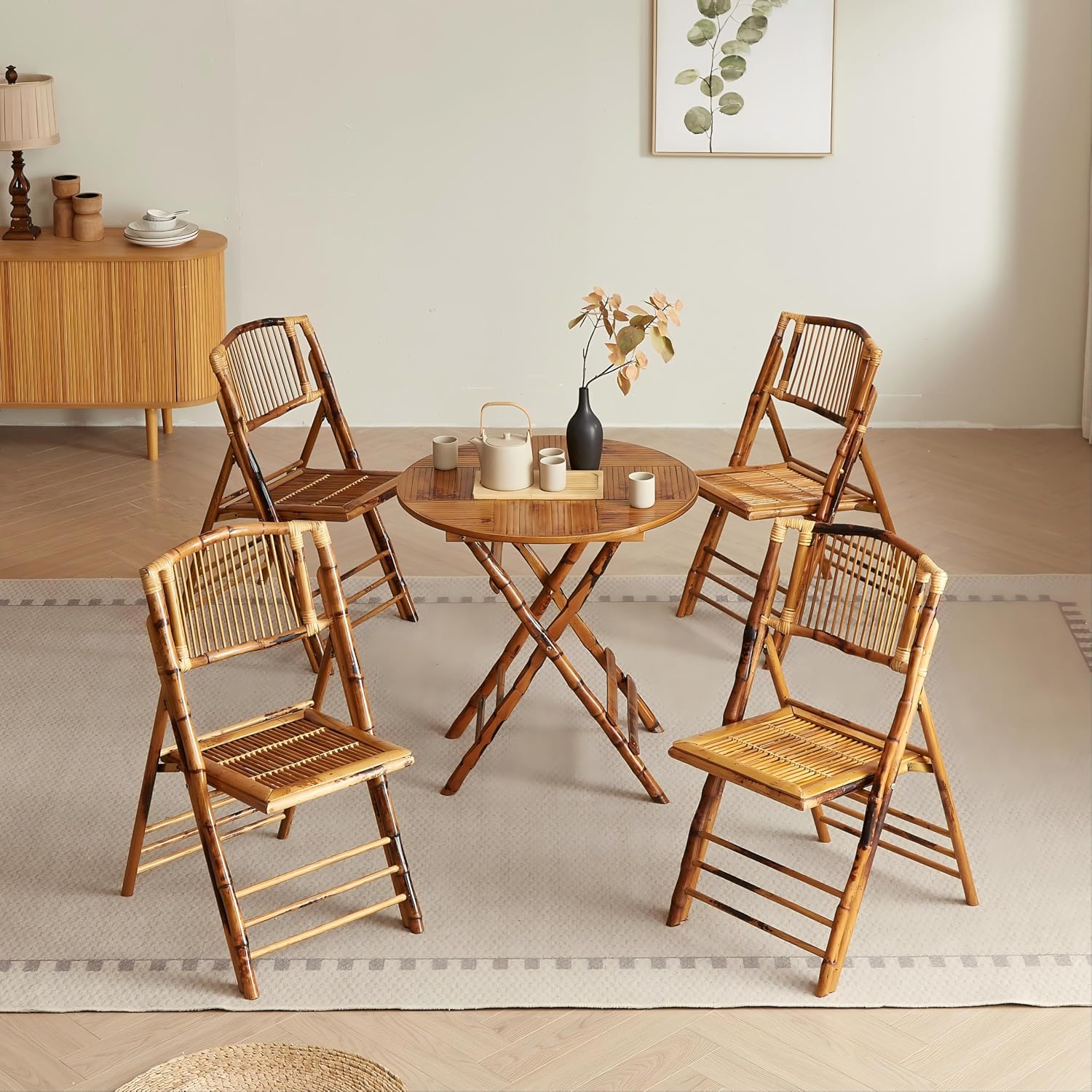 Vintage Bamboo Rattan Folding Dinging Chair - Portable Lightweight Retro Seat for Indoor, Outdoor, Patio, Wedding, Office, and Events (1, Brown, Oversized)