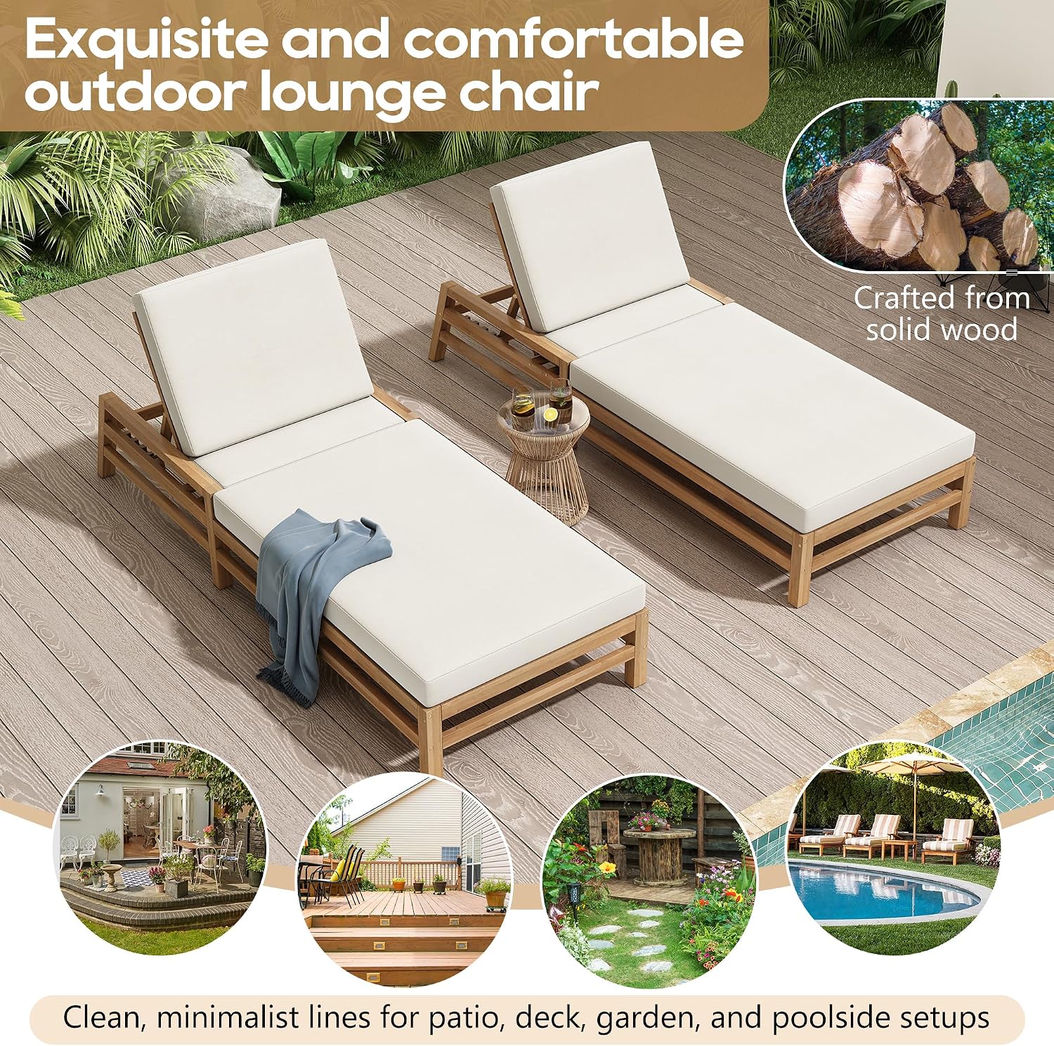 KLMM 5-Position Adjustable Outdoor Chaise Lounge Set of 2, Solid Wood Patio Recliner Chair with Thick Cushions,for Pool, Balcony & Garden (Light Teak/2)