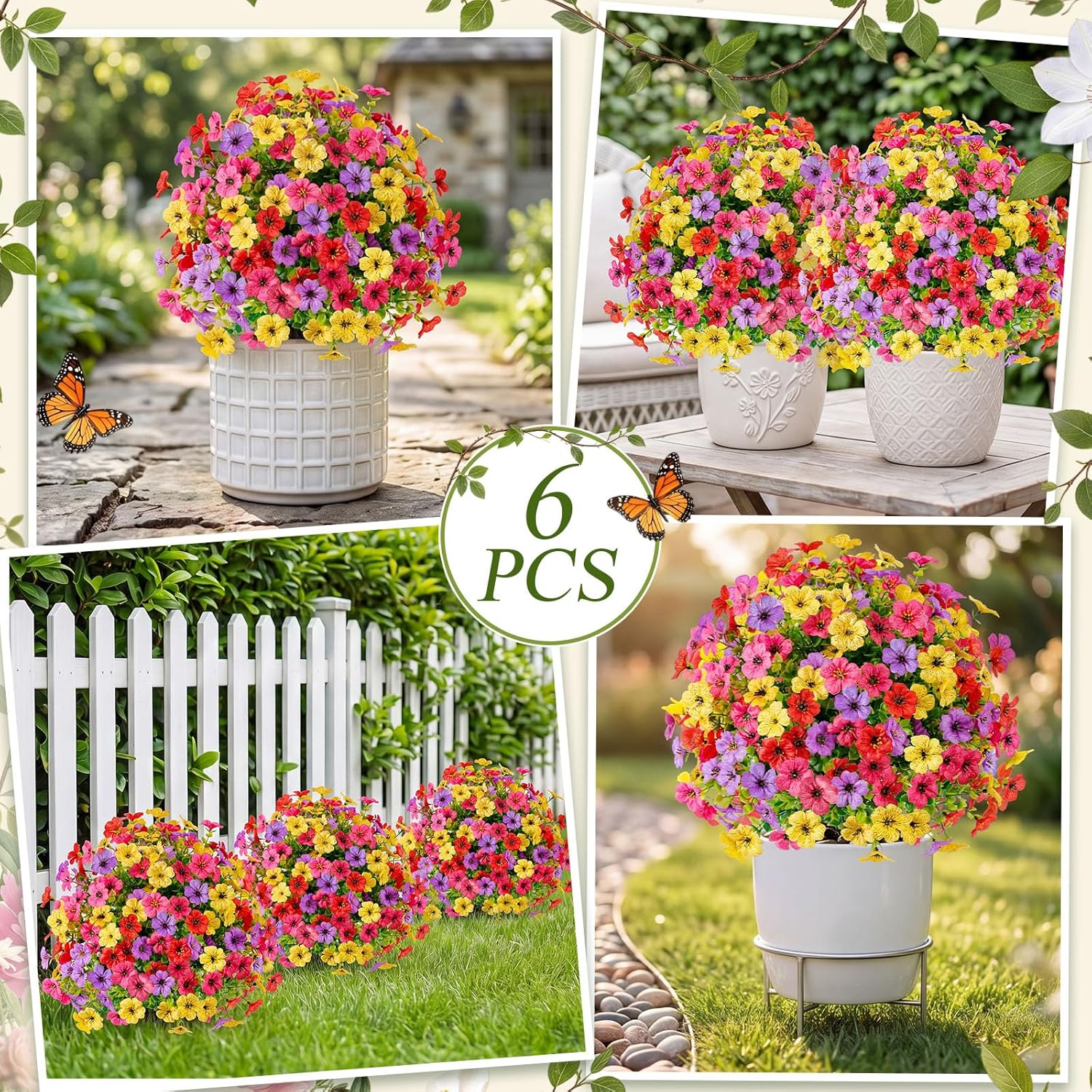 6 Pcs 20" Artificial Topiary Ball Flowers for Outdoors Planters Spring Decoration with Spike UV Resistant Faux Boxwood Summer Plants Fake Bushes Indoor Decor for Front Porch Garden Patio