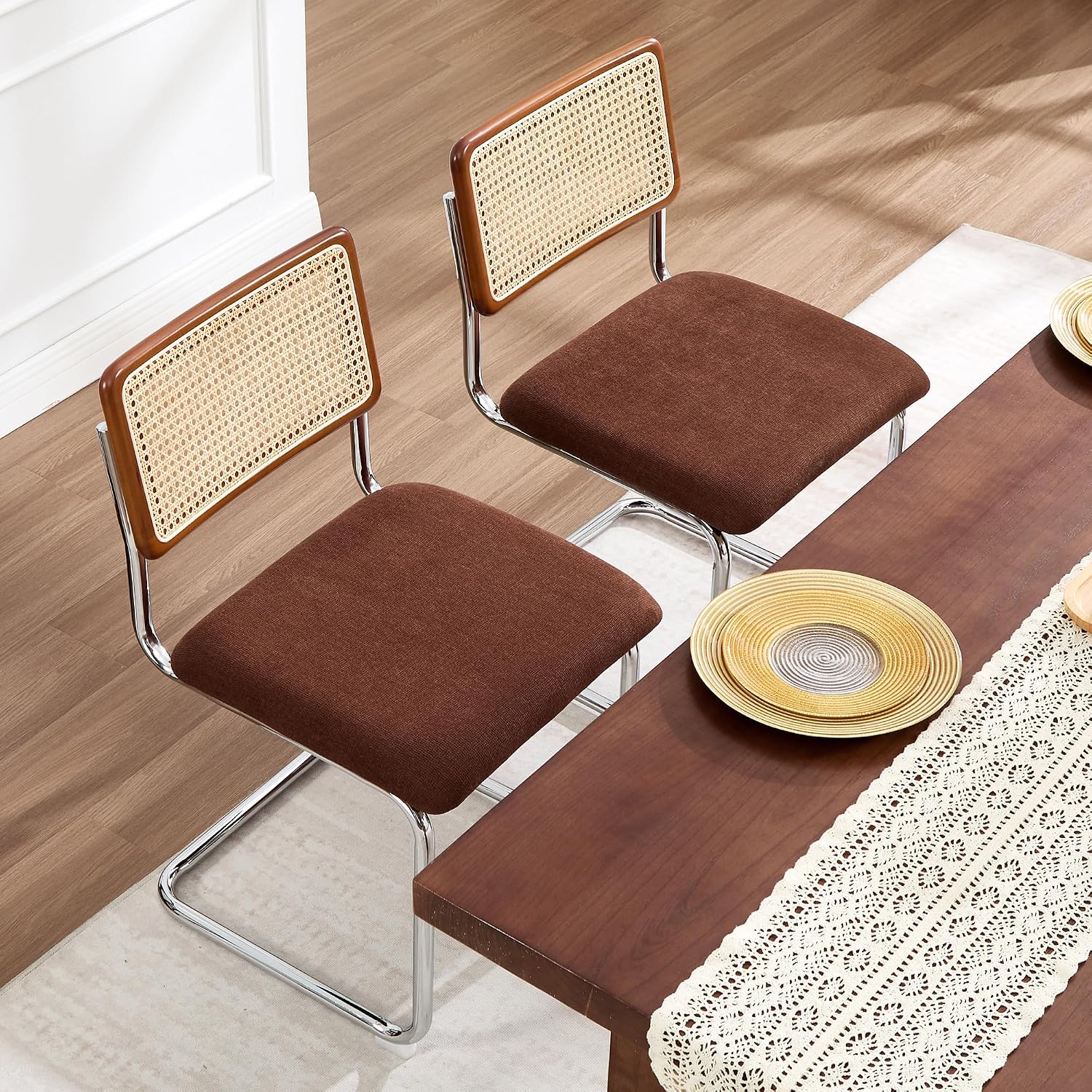 Zesthouse Rattan Dining Chairs Set of 4, Mid Century Modern Dining Room Chairs with Natural Cane Mesh & Chrome Base, Brown Cesca Chair Chenille Fabric, Farmhouse Kitchen Chair with Solid Wood Back